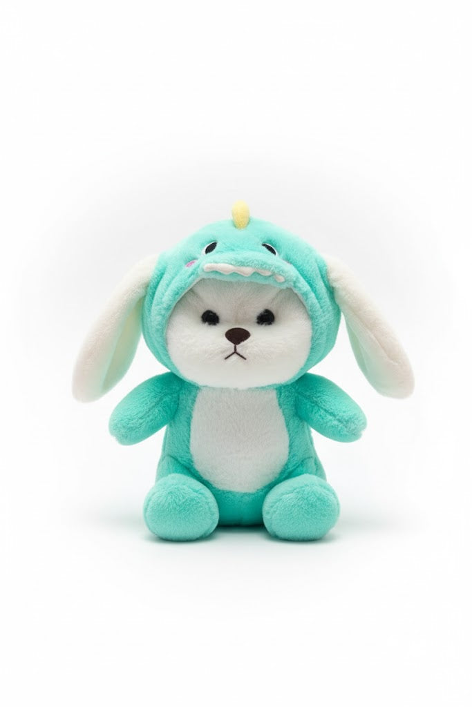 Adorable White Puppy in Teal Dinosaur Bunny Costume Plush Toy