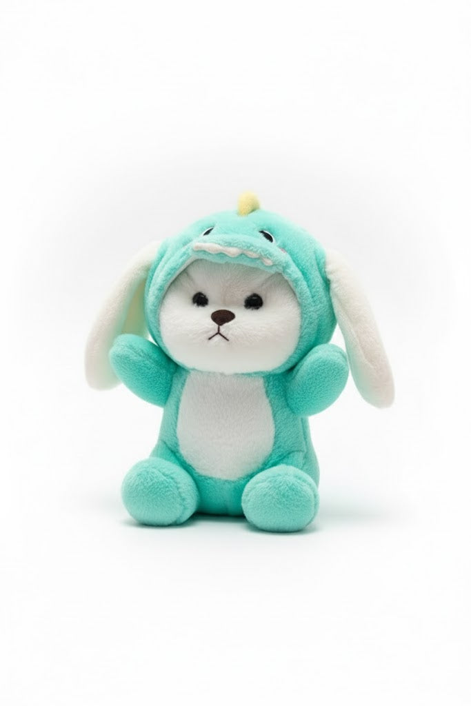 Adorable White Puppy in Teal Dinosaur Bunny Costume Plush Toy