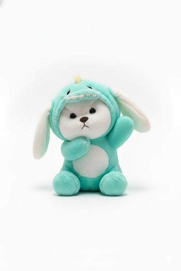 Adorable White Puppy in Teal Dinosaur Bunny Costume Plush Toy