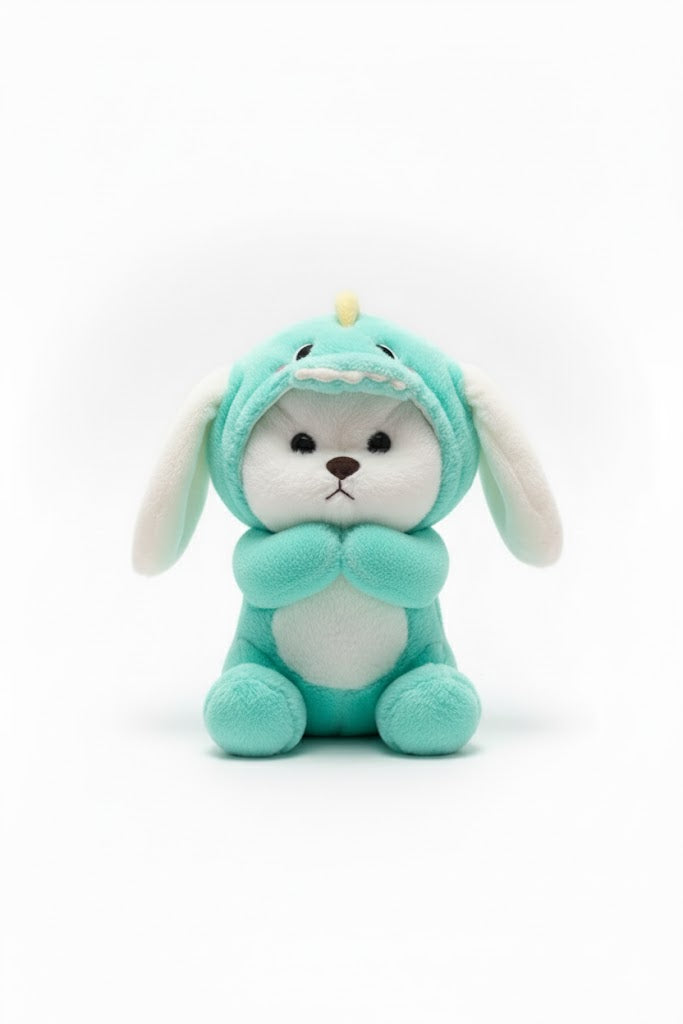 Adorable White Puppy in Teal Dinosaur Bunny Costume Plush Toy