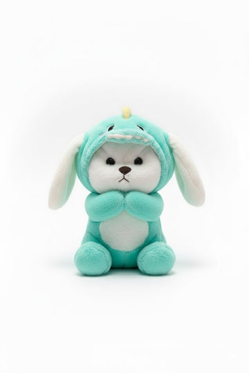 Adorable White Puppy in Teal Dinosaur Bunny Costume Plush Toy